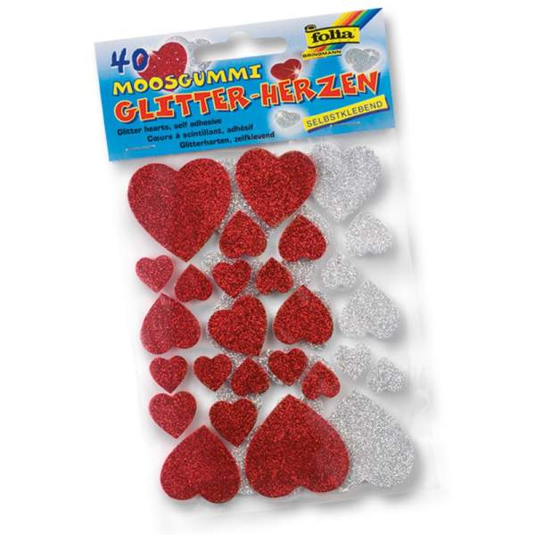 Moosgummi Glitter-Sticker Herzen, rot und silber, 40 Stück