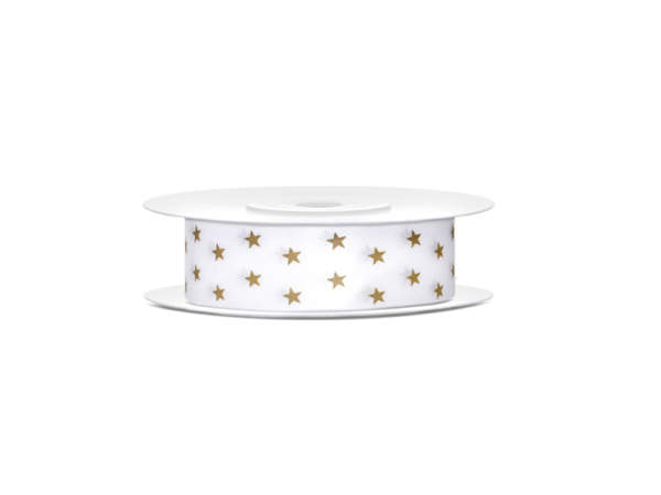Weihnachtsband Satinband mit Sterne weiß-gold 18mm breit, 10m lang