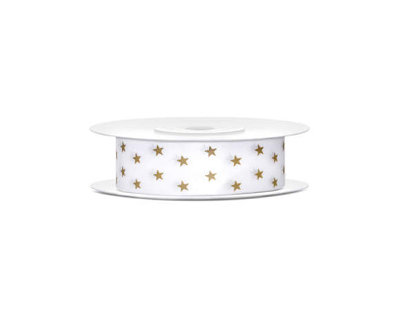 Weihnachtsband Satinband mit Sterne Geschenksband weiß-gold 18mm breit, 10m lang