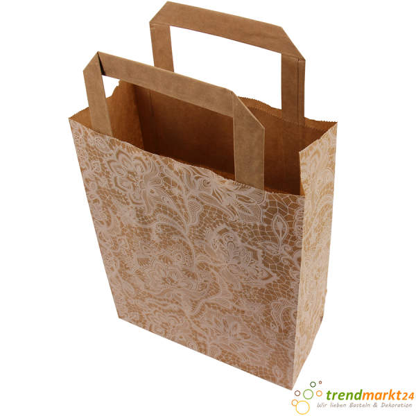 Papiertragetasche braun weiß Spitzen 6er Pack Blumenmotiv