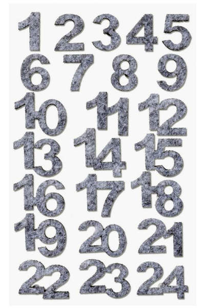 Adventszahlen aus Filz grau, 24 Stück, 2 x 2,5 cm, Adventskalenderzahlen