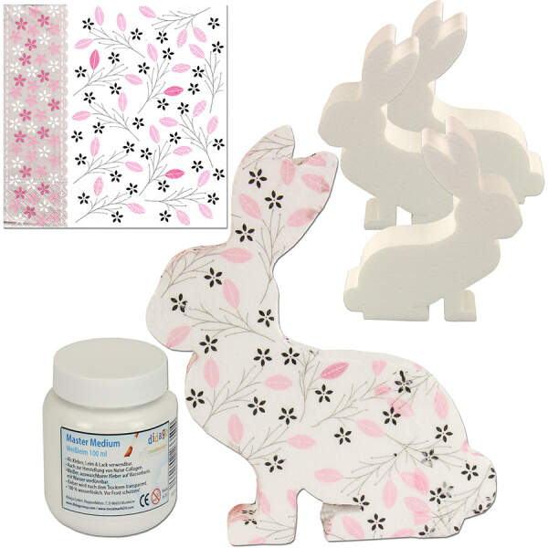 Bastelset Styroporform Hase, 4 Stück mit Servietten und Leim (Styroporhase, Osterhase)