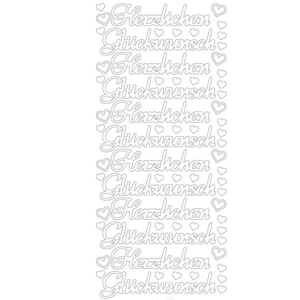 Konturensticker Herzlichen Glückwunsch silber mit Herzen 1 Bogen