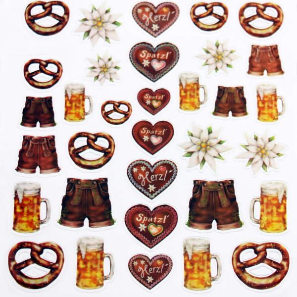 Sticker Herz Lederhose Edelweis Breze und Bier 1 Blatt