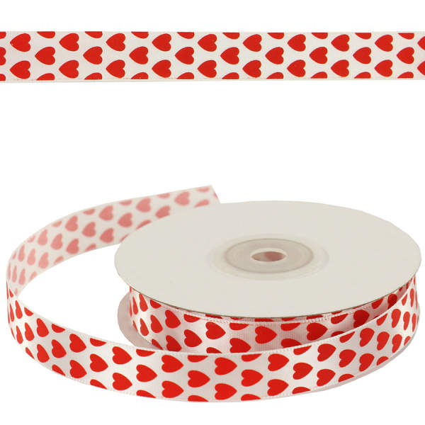Satinband weiß rot mit Herzen 1 Rolle 15mm x 25m Love Band Dekoband, Herzband Geschenkband