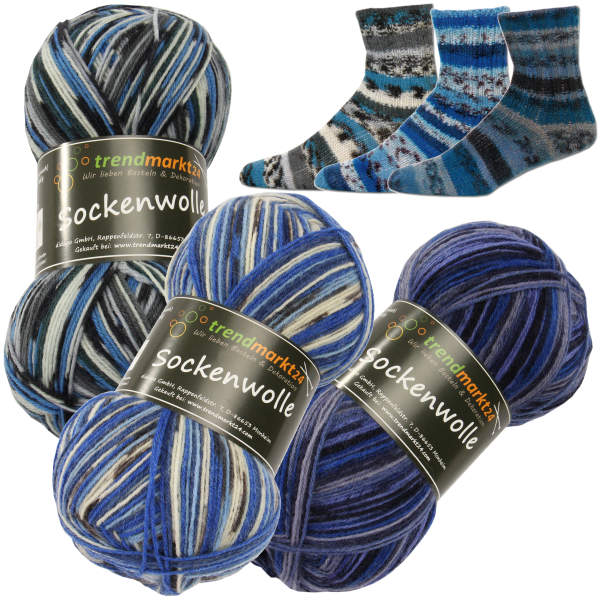 Wolle Set Mix blau 4fädig Sockenwolle je 100g ( 300g insgesamt )