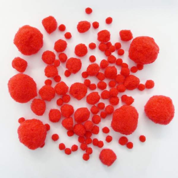 Pompon rot 100 Stk, gemischt 10-45 mm