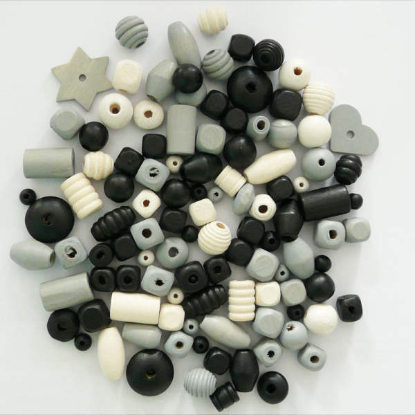 Holzperlen Mix weiß/schwarz, 100 g