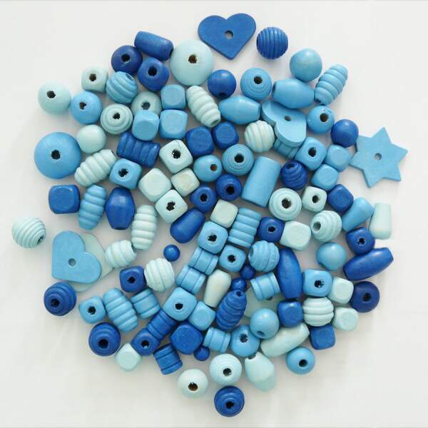Holzperlen Mix hellblau/dunkelblau, 100 g