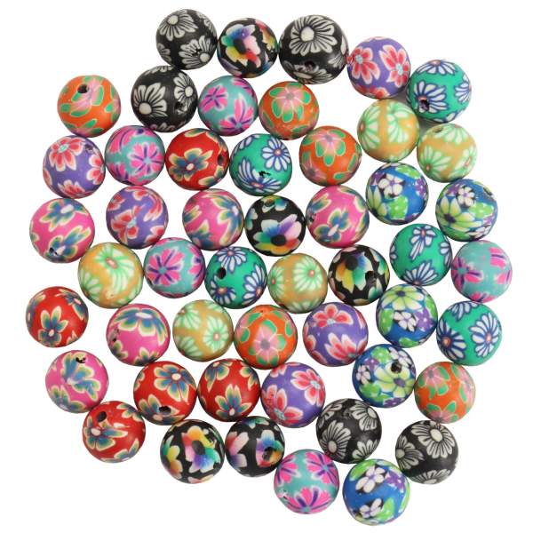 Polymerperlen rund Blumenmotiv 50 Stk. in 10 Farben sortiert
