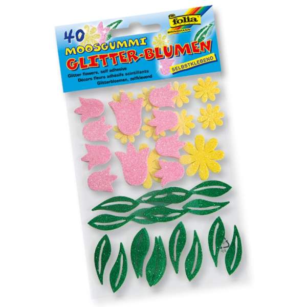 Moosgummi Glitter-Sticker Blumen, grün/gelb/pink, 40 Stück