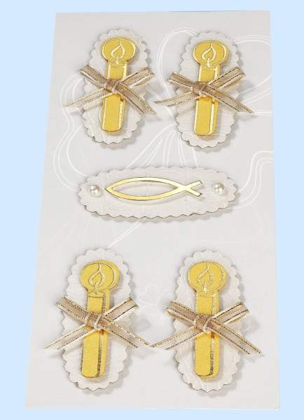 Sticker Kommunion Konfirmation Kerzen und Fisch, 1 Bogen mit 5 Stickern