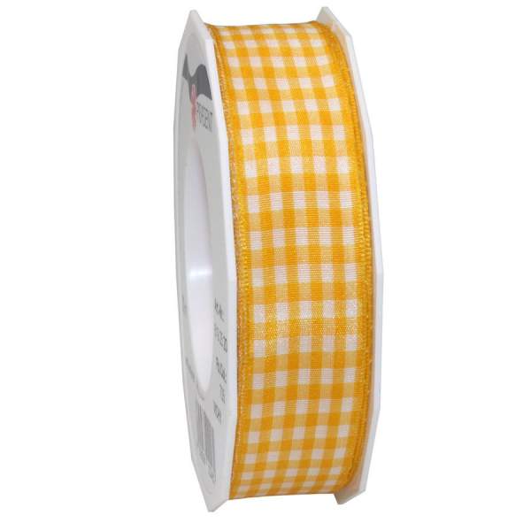 Karoband breit gelb/weiß, Rolle 2,5cm breit, 20m lang, mit Draht