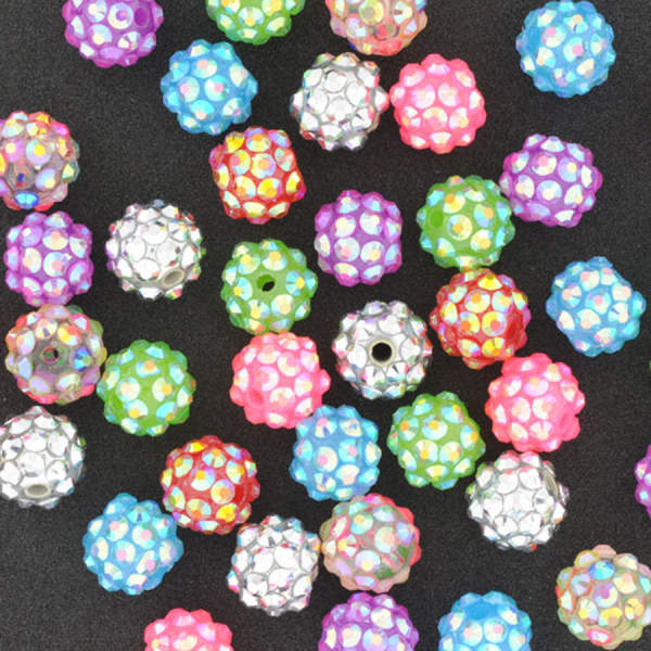 Perlen Kugeln bunt mit Strasssteinen, 14 Stück, aus Kunststoff