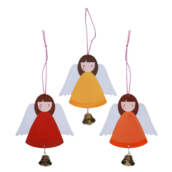 Holzanhänger Engel mit Glöckchen 6er Set, 7,5 x 8 cm