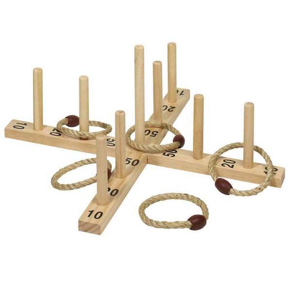 Ringwurfspiel aus Holz, mit 5 Sisalringen