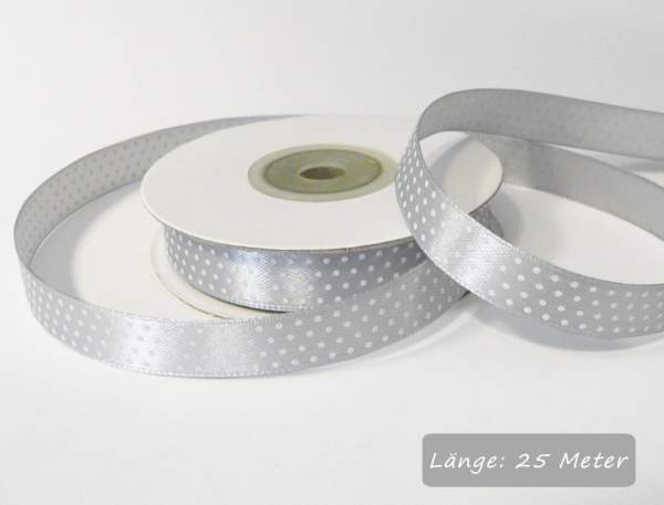 Satinband Punkte silber, Rolle 12mm breit, 25m lang