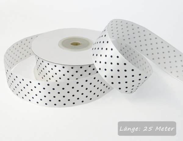 Satinband Punkte weiß, Rolle 25mm breit, 25m lang