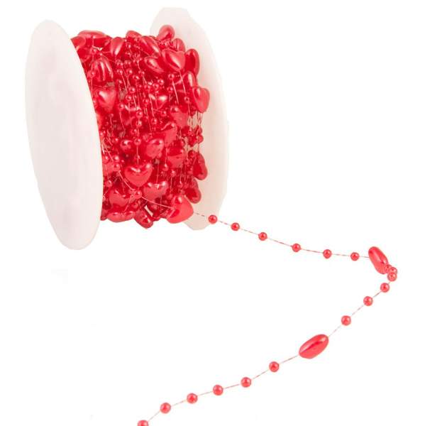 Perlenband rot mit Herzen, 1 Rolle mit 10 m