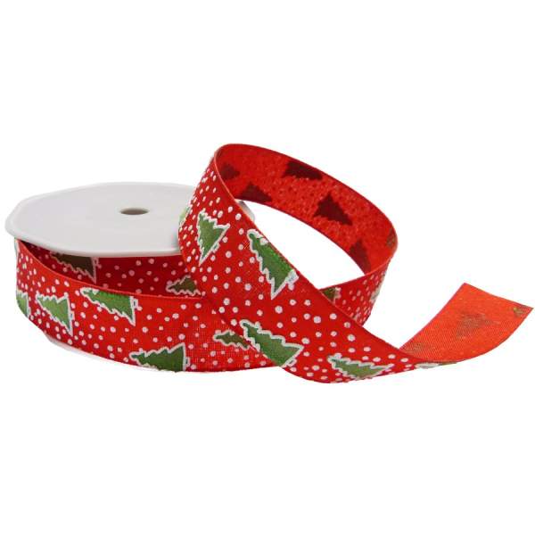 Weihnachtsband Tannenbaum Geschenkeband rot Rolle 25mm breit, 15m lang