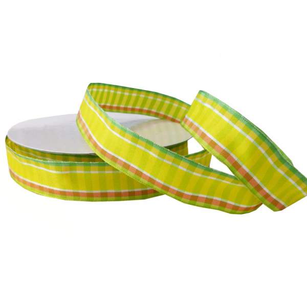 Geschenkband Streifen und Karo gelb, mit Draht, 1 Rolle Karoband