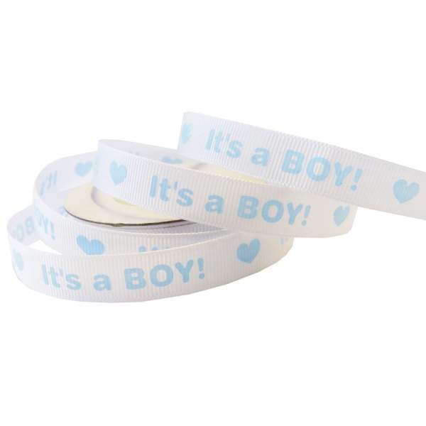 Ripsband weiß mit hellblauem Aufdruck: Its a BOY!, 12mm x 10m Babyband blau