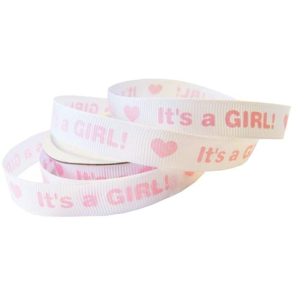 Ripsband weiß mit rosa Aufdruck: Its a GIRL!, 12mm x 10m Babyband rosa