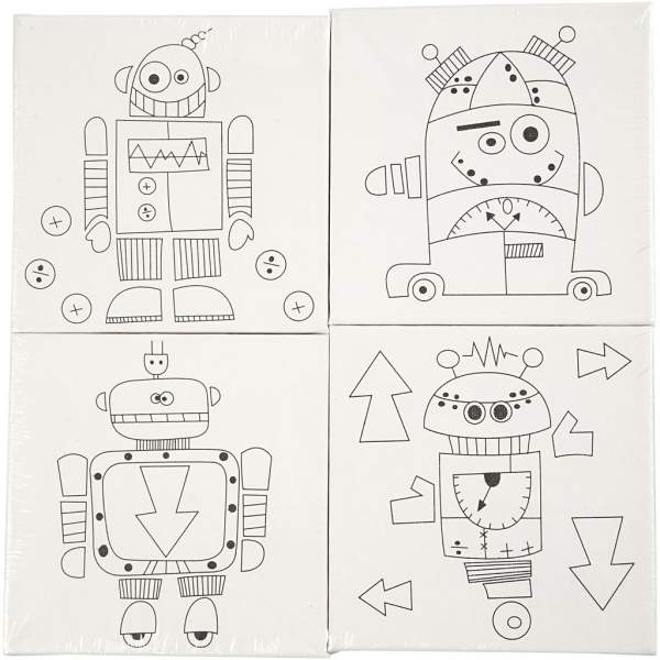 Keilrahmen bedruckt mit Robotermotiven Set mit 4 Stück, 15 x 15 cm