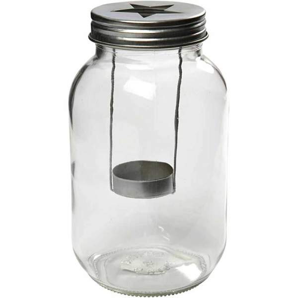 Glaslaterne, Deckel mit ausgestanztem Stern, Ø 10 cm, 18 cm hoch
