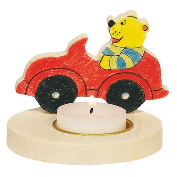 Teelichthalter aus Holz, Bär mit Auto, Ø 8,5 cm