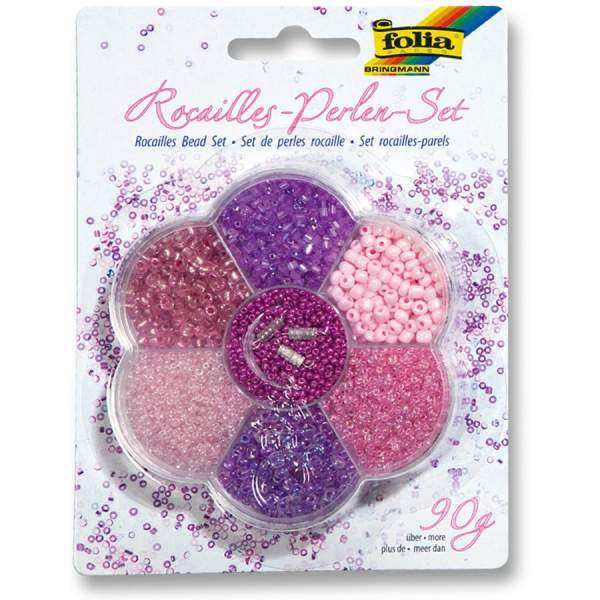 Rocailles Perlen Set rosa/lila, 90g Perlen, 3x1m Nylonfaden, 3 Verschlüsse