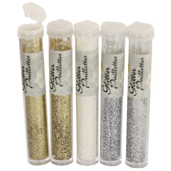 Glitterpulver gold/silber/weiß, 5 Tuben je 14 g